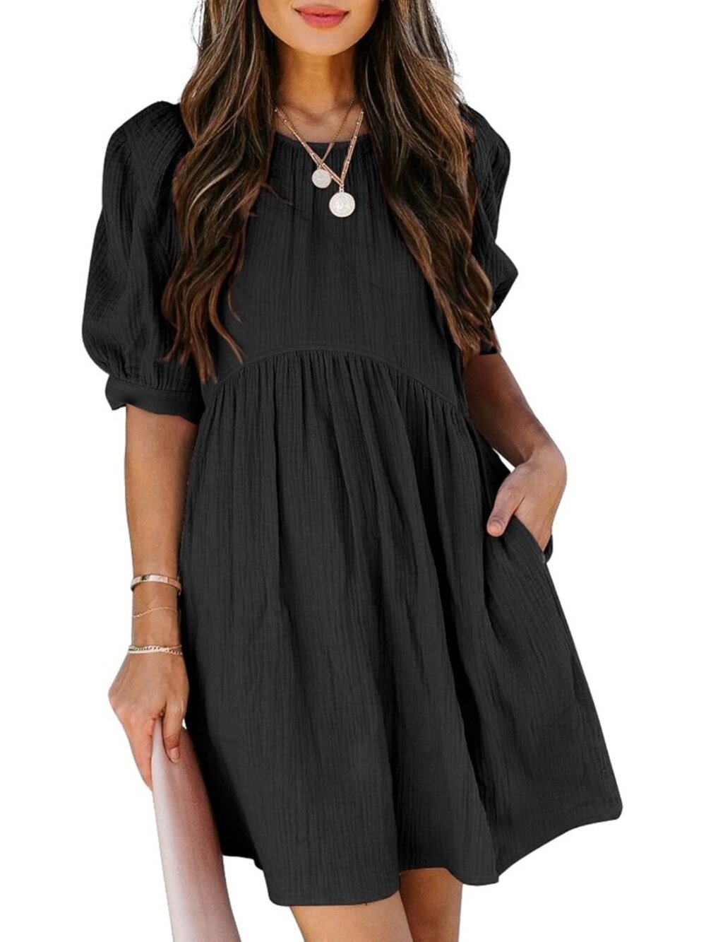 Casual Summer Puff Sleeve Babydoll Mini Dress